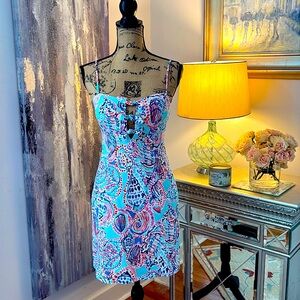 LILLY PULITZER aqua blue pink white sexy cut out dress S 2 4 designer seashell
